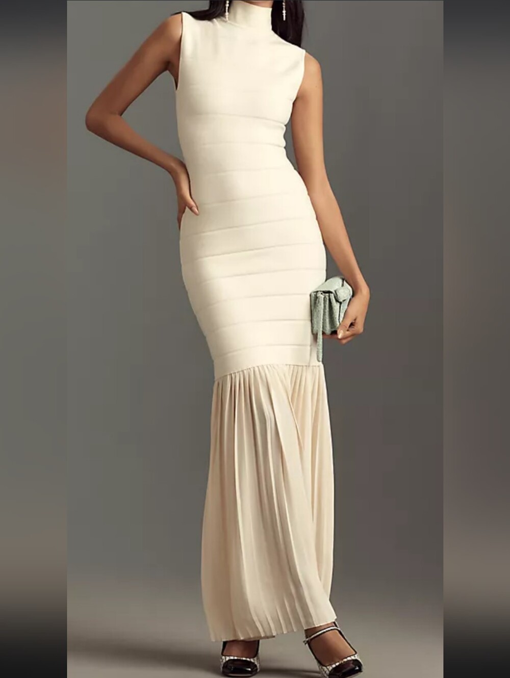 Sleeveless Cream Maxi Mermaid Dress with Pleated Skirt